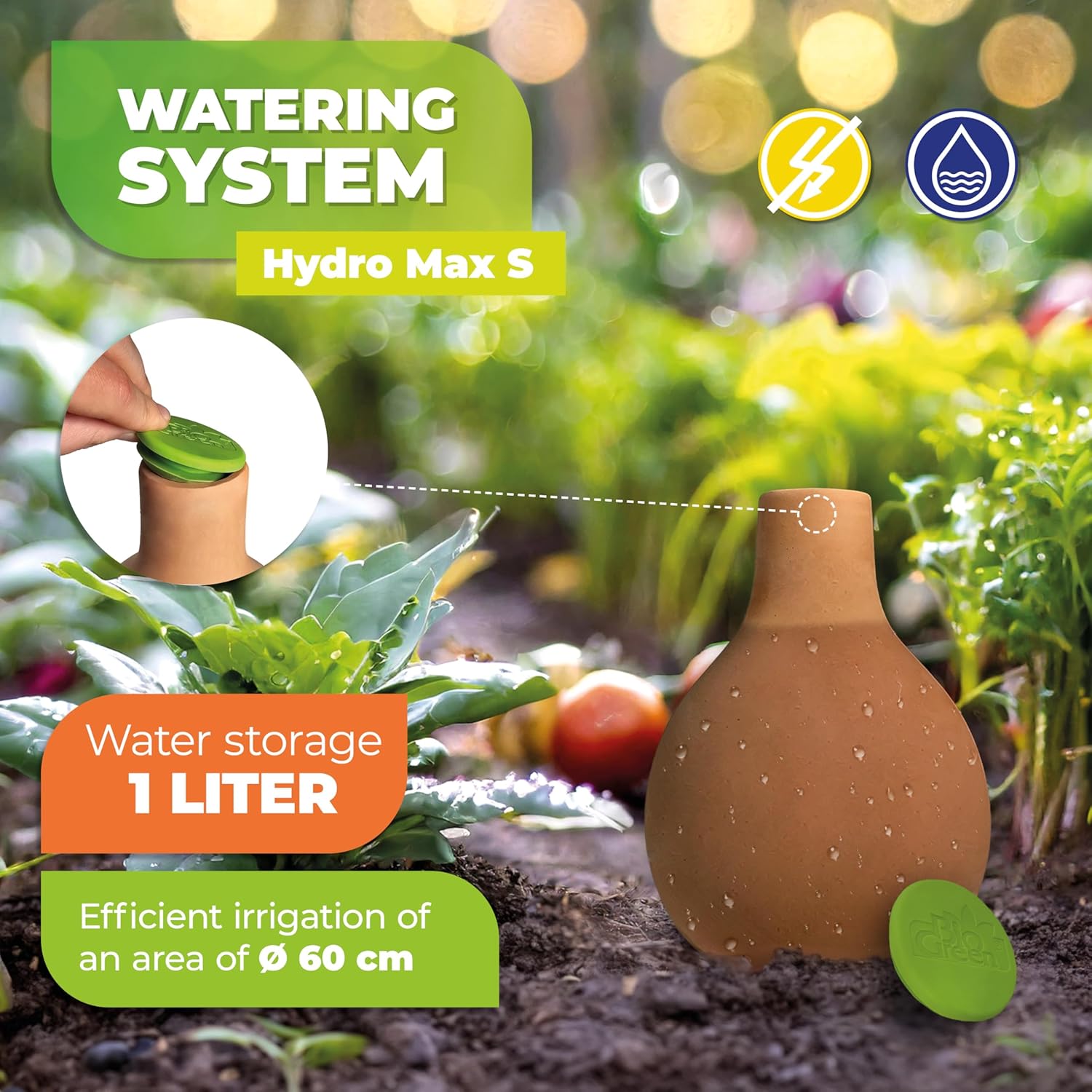 Hydro Max S Watering System – 1L Self-Watering Vessel – The image shows the Hydro Max S watering system, featuring a terra cotta-colored vessel with a green top. The system offers efficient irrigation for an area with a 60 cm radius, providing 1 liter of water storage. The vessel is designed to water plants in garden beds with ease, ensuring consistent hydration with minimal effort.