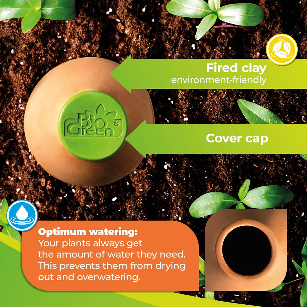 Hydro Max Watering System Features – Close-up of the Hydro Max watering vessel made of fired clay, highlighted as an eco-friendly material. The image shows the green cover cap and emphasizes the optimum watering feature, which ensures plants receive the right amount of water to prevent both drying out and overwatering. The product is ideal for maintaining healthy, hydrated plants.