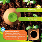 Hydro Max Watering System Features – Close-up of the Hydro Max watering vessel made of fired clay, highlighted as an eco-friendly material. The image shows the green cover cap and emphasizes the optimum watering feature, which ensures plants receive the right amount of water to prevent both drying out and overwatering. The product is ideal for maintaining healthy, hydrated plants.