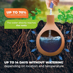 Hydro Max Watering System – Water Conservation – The image highlights the Hydro Max Watering System, which reduces water consumption by up to 70% by directly delivering water to the roots. It shows a clear illustration of water being absorbed by the roots, ensuring efficient hydration. The system can go up to 14 days without requiring additional watering, depending on location and temperature. This eco-friendly solution provides optimal hydration for plants.