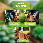 How to Use the Hydro Max Watering System – Step-by-step instructions on setting up the Hydro Max watering system:

Dig a Hole in the Ground – A person is shown digging a hole in the soil with a garden shovel.
Place and Bury the Hydro Max – The Hydro Max vessel is placed into the hole and buried in the soil.
Fill with Water – The person fills the Hydro Max vessel with water to start the self-watering process