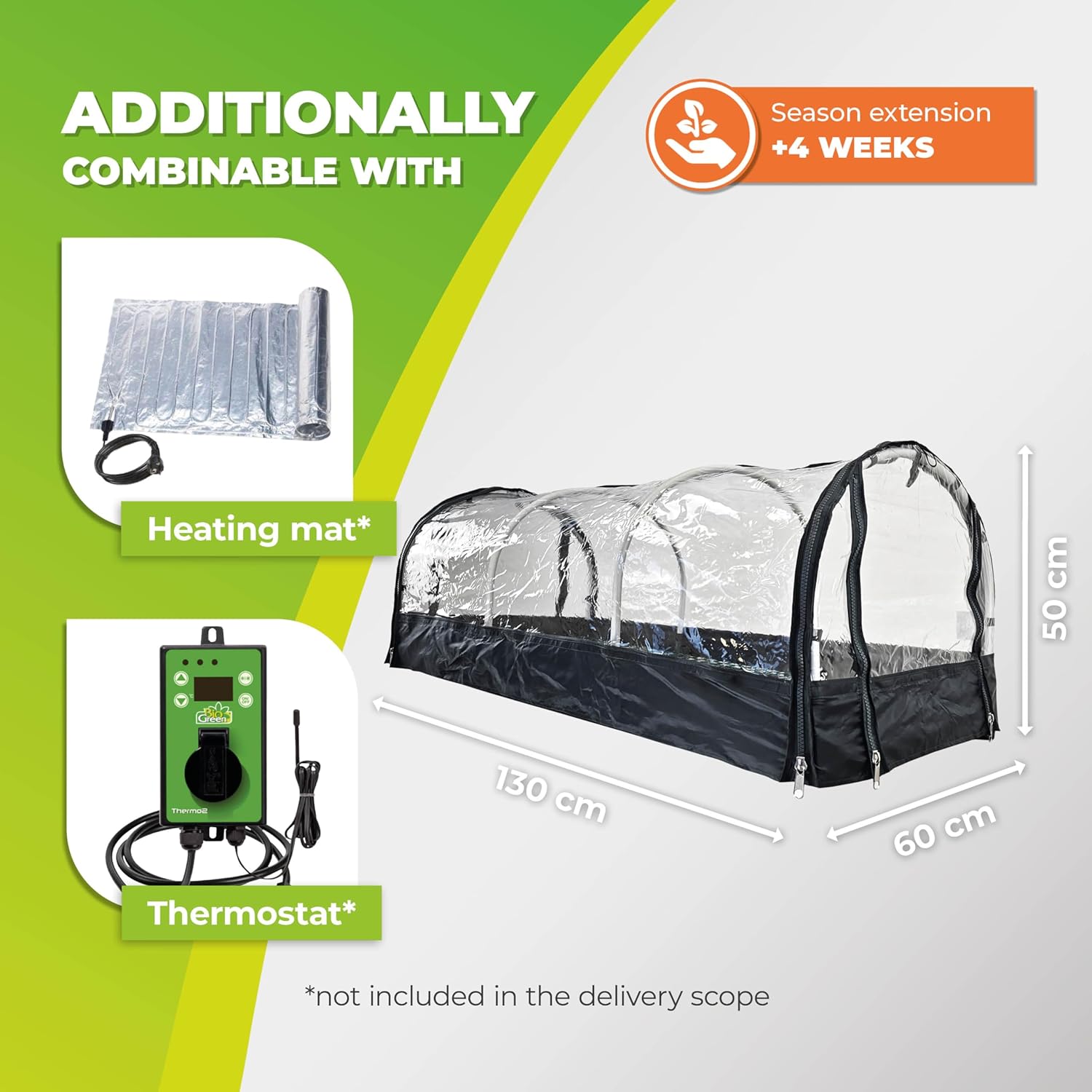 "Portable greenhouse with dimensions 130 cm x 60 cm x 50 cm, featuring a transparent plastic cover and black base. The image also shows optional accessories, including a heating mat and thermostat, for season extension of up to 4 weeks. These accessories are not included in the delivery scope."