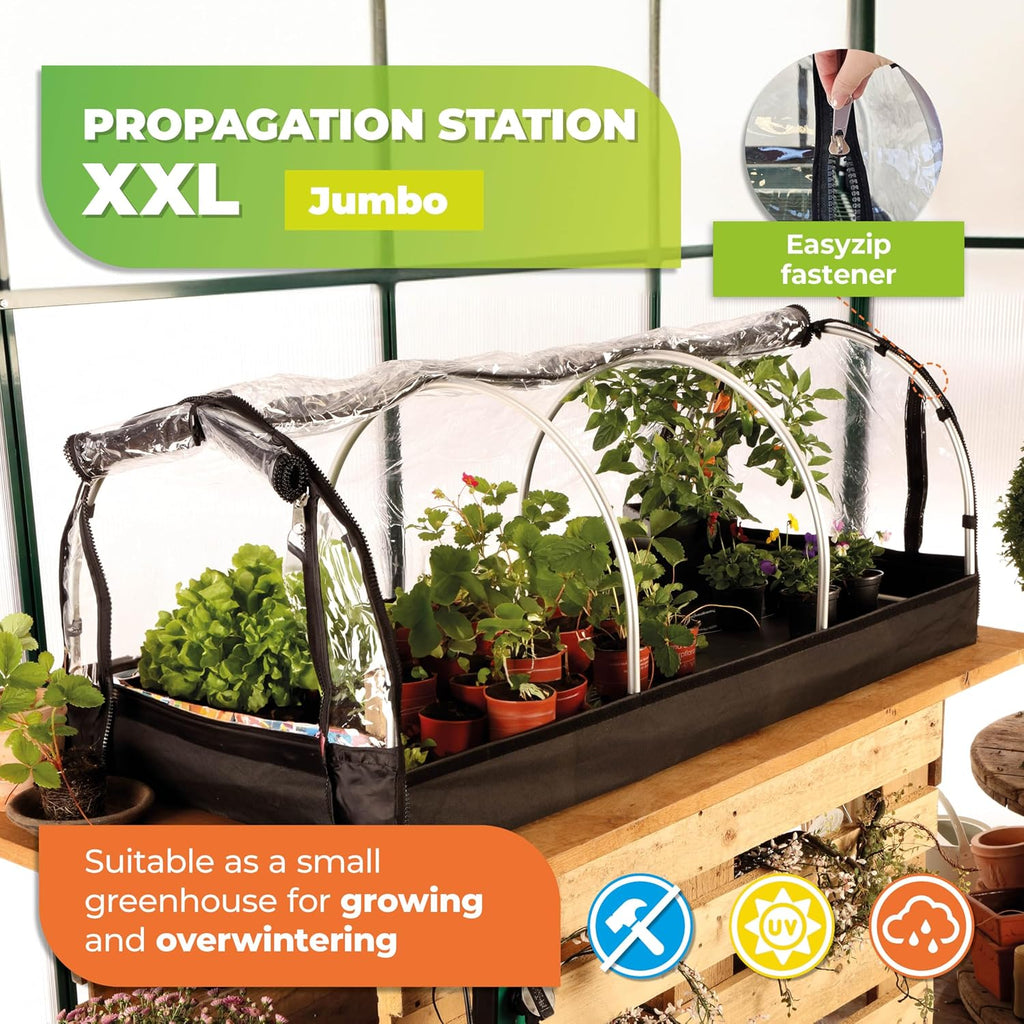 "XXL Jumbo Propagation Station with Easyzip fastener, featuring a clear plastic cover, black base, and multiple plants inside. Suitable as a small greenhouse for growing and overwintering plants, with icons indicating UV protection and durability."