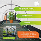 "Propagation station with a transparent cover offering UV protection, aluminum frame, and zip fastener. Features include ventilation sides and a 50 cm height, making it easy to open the cover on all sides. The image shows plants inside and a close-up of the frame and grid shelving."