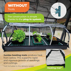 "Propagation station with a simple plug-in system for easy assembly, no tools required. The image shows plants growing inside with a grid shelving unit, and a close-up of the plug-in system. Additionally, the station features a jumbo heating mat (not included in the delivery scope) to promote rapid growth of seedlings and cuttings."