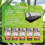 "Bio Green greenhouse product with a transparent cover, showcasing its development in Germany and the rigorous two-year testing phase before production. The image also displays multiple 'TestBild Top Marke Garten' awards from 2020 to 2024, highlighting the product's quality and design in the gardening category."