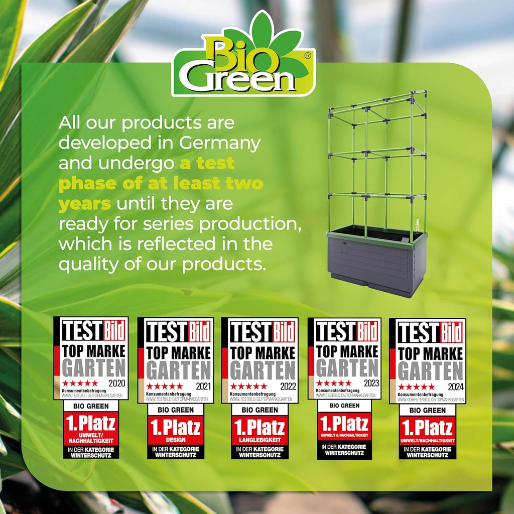 "Bio Green planter system with a certification statement highlighting that all products are developed in Germany and undergo a two-year test phase. The image also includes multiple 'TestBild Top Marke Garten' awards from 2020 to 2023, reflecting the quality of the products."