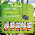 "Bio Green planter system with a certification statement highlighting that all products are developed in Germany and undergo a two-year test phase. The image also includes multiple 'TestBild Top Marke Garten' awards from 2020 to 2023, reflecting the quality of the products."