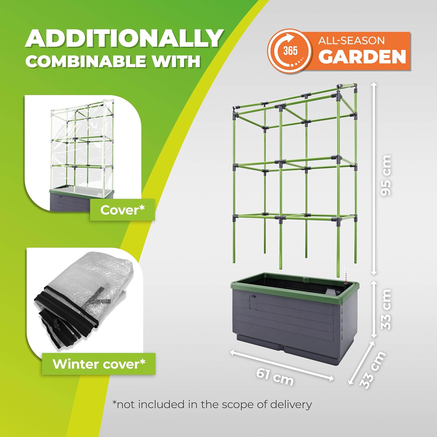 "A vertical garden system with dimensions and additional covers for all-season gardening. The image shows a frame for plants with optional cover and winter cover, not included in the delivery."