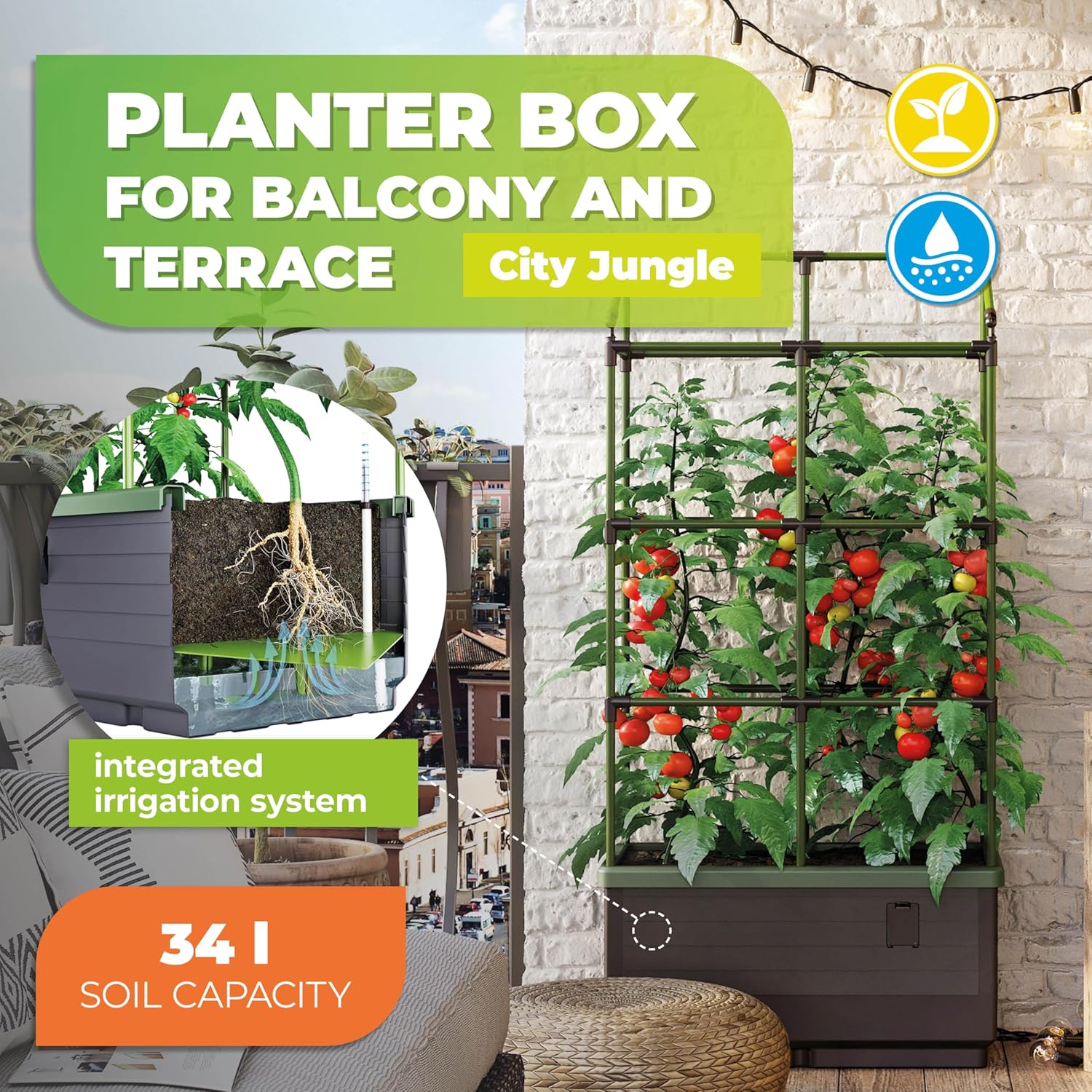 "City Jungle planter box designed for balconies and terraces, featuring an integrated irrigation system. The planter, with a 34L soil capacity, holds tomato plants, with an image highlighting its irrigation mechanism."