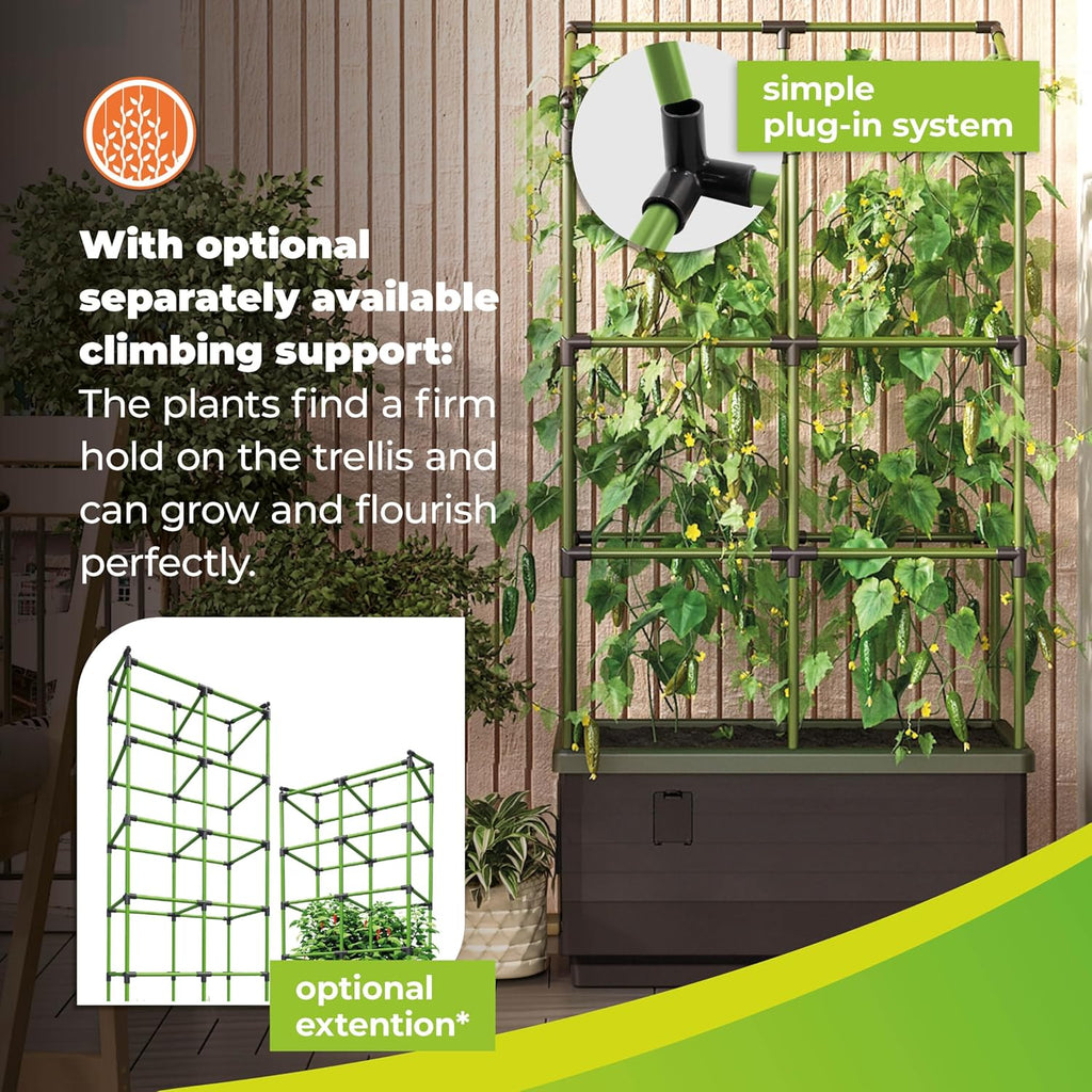 "Planter with optional climbing support, featuring a simple plug-in system for plants to securely climb the trellis. The image includes a view of the planter with extended climbing support and a close-up of the optional extension."