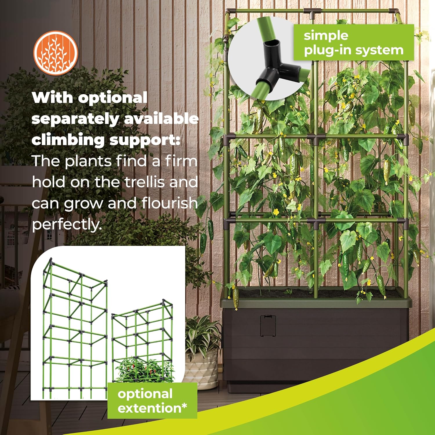 "Planter with optional climbing support, featuring a simple plug-in system for plants to securely climb the trellis. The image includes a view of the planter with extended climbing support and a close-up of the optional extension."