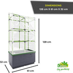 "Bio Green planter system with dimensions 128 cm (height) x 61 cm (width) x 32 cm (depth), designed for city gardening. The image shows the planter with its structure and clear plastic cover for plant support."