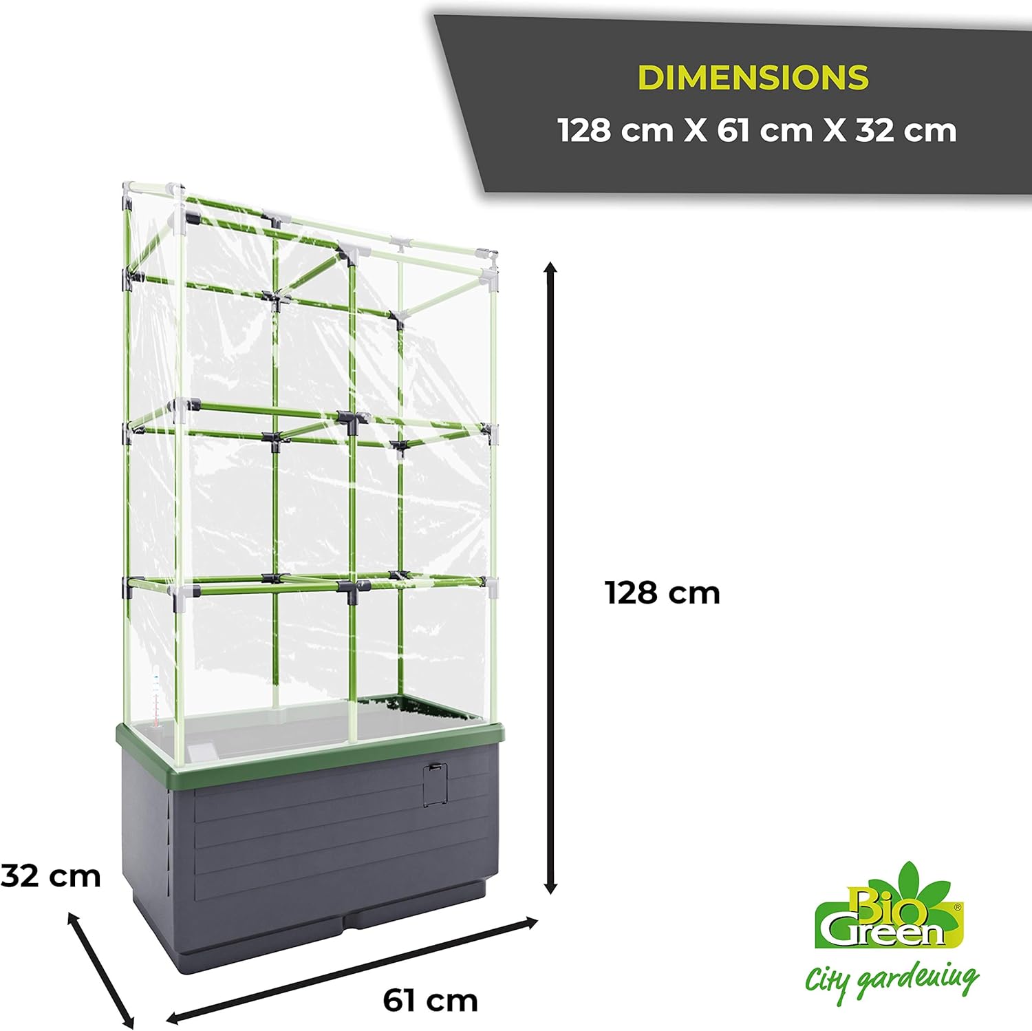 "Bio Green planter system with dimensions 128 cm (height) x 61 cm (width) x 32 cm (depth), designed for city gardening. The image shows the planter with its structure and clear plastic cover for plant support."