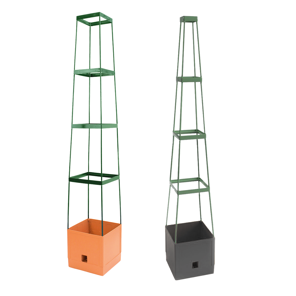 "Two Maxitom Plant Towers side by side, one with an orange base and the other with a dark gray base, designed for supporting climbing plants in the garden."