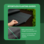Weed control membrane featuring built-in green lines for easy and straight planting rows. The fabric is easy to cut with scissors for shaping, with no measuring required.