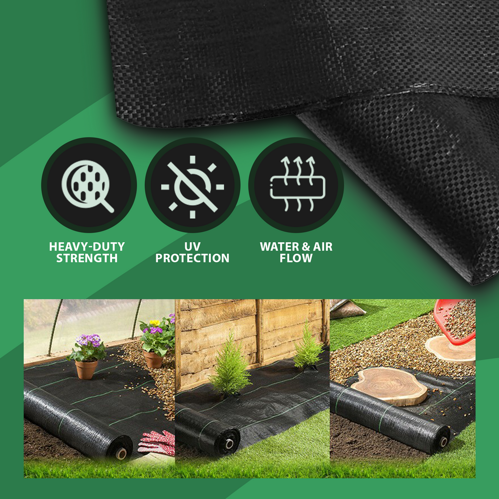 Weed control membrane highlighting heavy-duty strength, UV protection, and water & air flow capabilities, with images showing the fabric being unrolled in different garden applications.