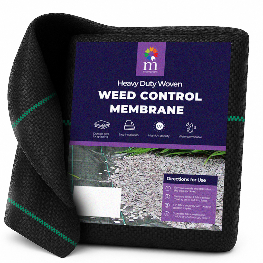 Moorgreen heavy-duty woven weed control membrane roll (100GSM) with green guide lines, shown partially unrolled with product packaging label highlighting UV stability, durability, and water permeability features.