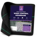 Moorgreen heavy-duty woven weed control membrane roll (100GSM) with green guide lines, shown partially unrolled with product packaging label highlighting UV stability, durability, and water permeability features.