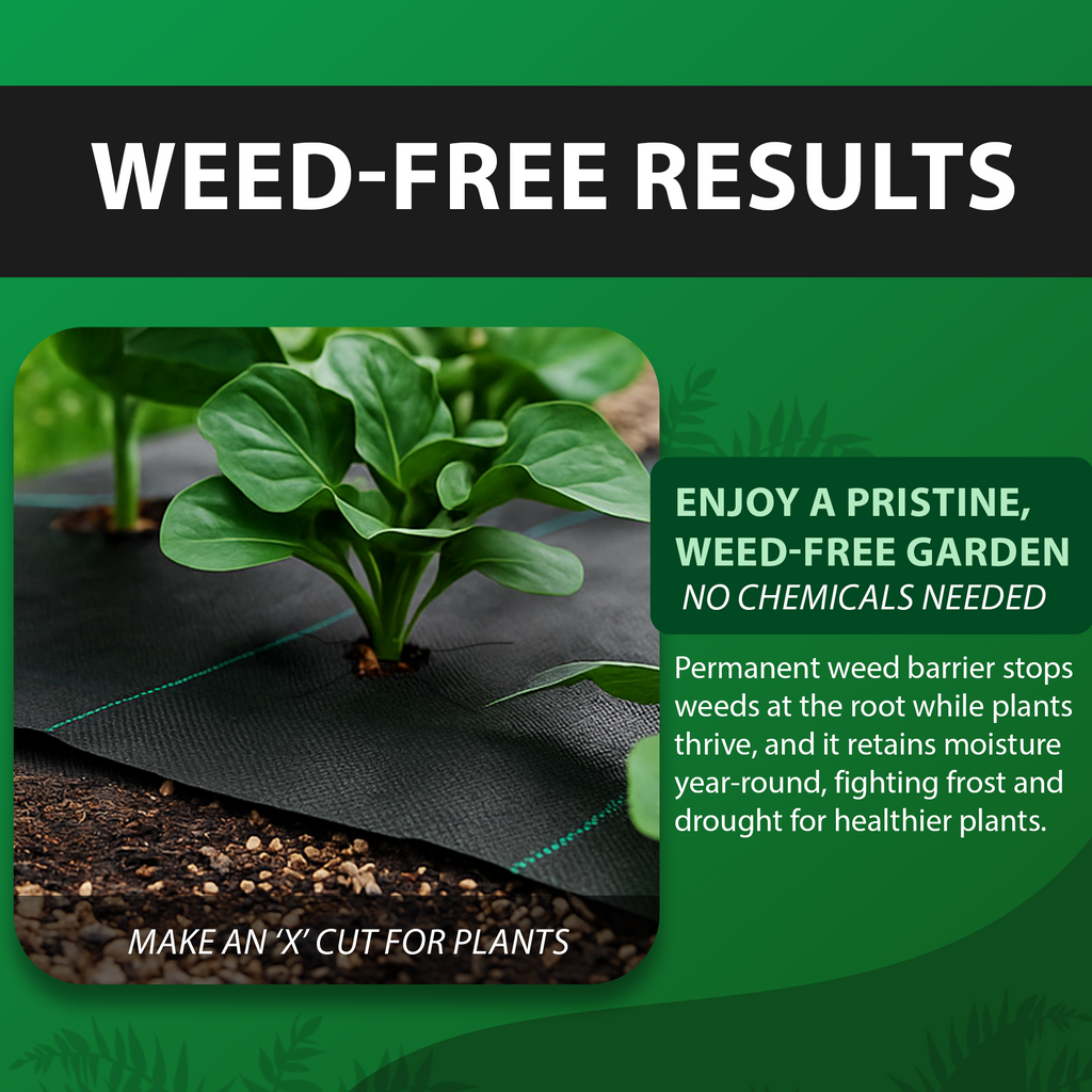 Weed control membrane installed in a garden bed with a plant growing through an X-shaped cut, highlighting weed-free results without chemicals and improved moisture retention for healthy plant growth.