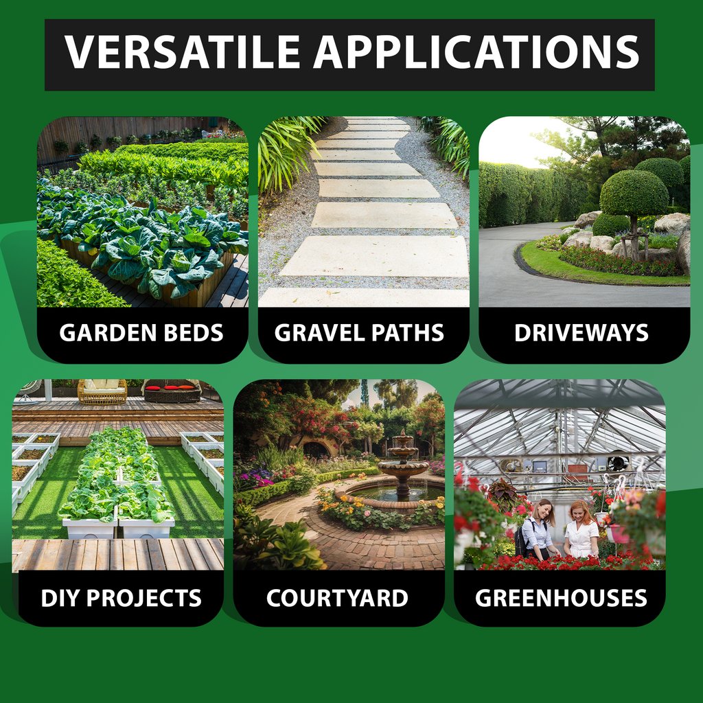 Image showcasing versatile applications of weed control membrane in various settings, including garden beds, gravel paths, driveways, DIY projects, courtyards, and greenhouses.