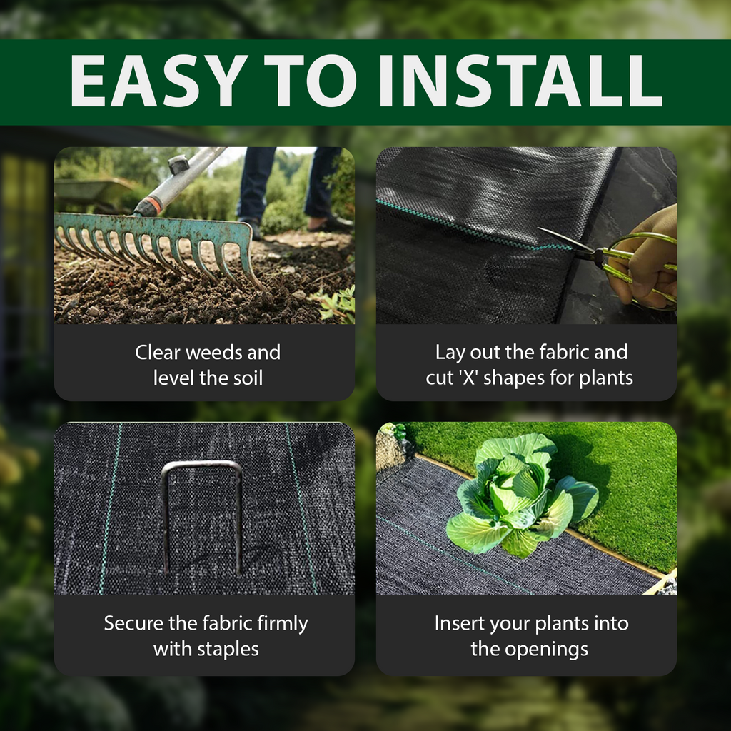 Step-by-step guide for installing the weed control membrane: clear weeds and level the soil, lay out the fabric and cut X shapes for plants, secure the fabric with staples, and insert plants into the openings.