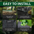 Step-by-step guide for installing the weed control membrane: clear weeds and level the soil, lay out the fabric and cut X shapes for plants, secure the fabric with staples, and insert plants into the openings.