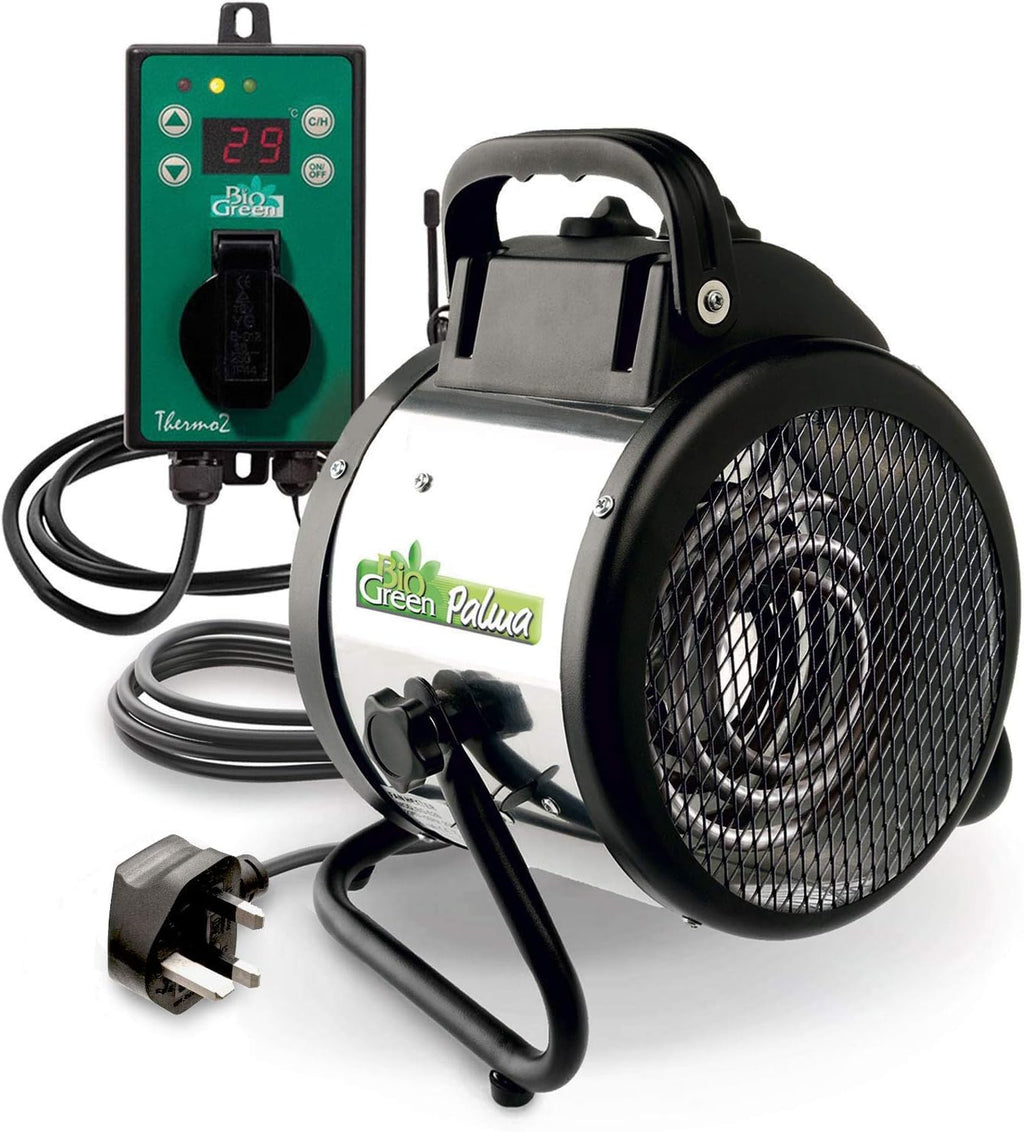 Bio Green Palma 2kW Greenhouse Heater with Thermo2 Digital Thermostat, ideal for controlling temperature in greenhouses, featuring a robust fan for efficient heating.