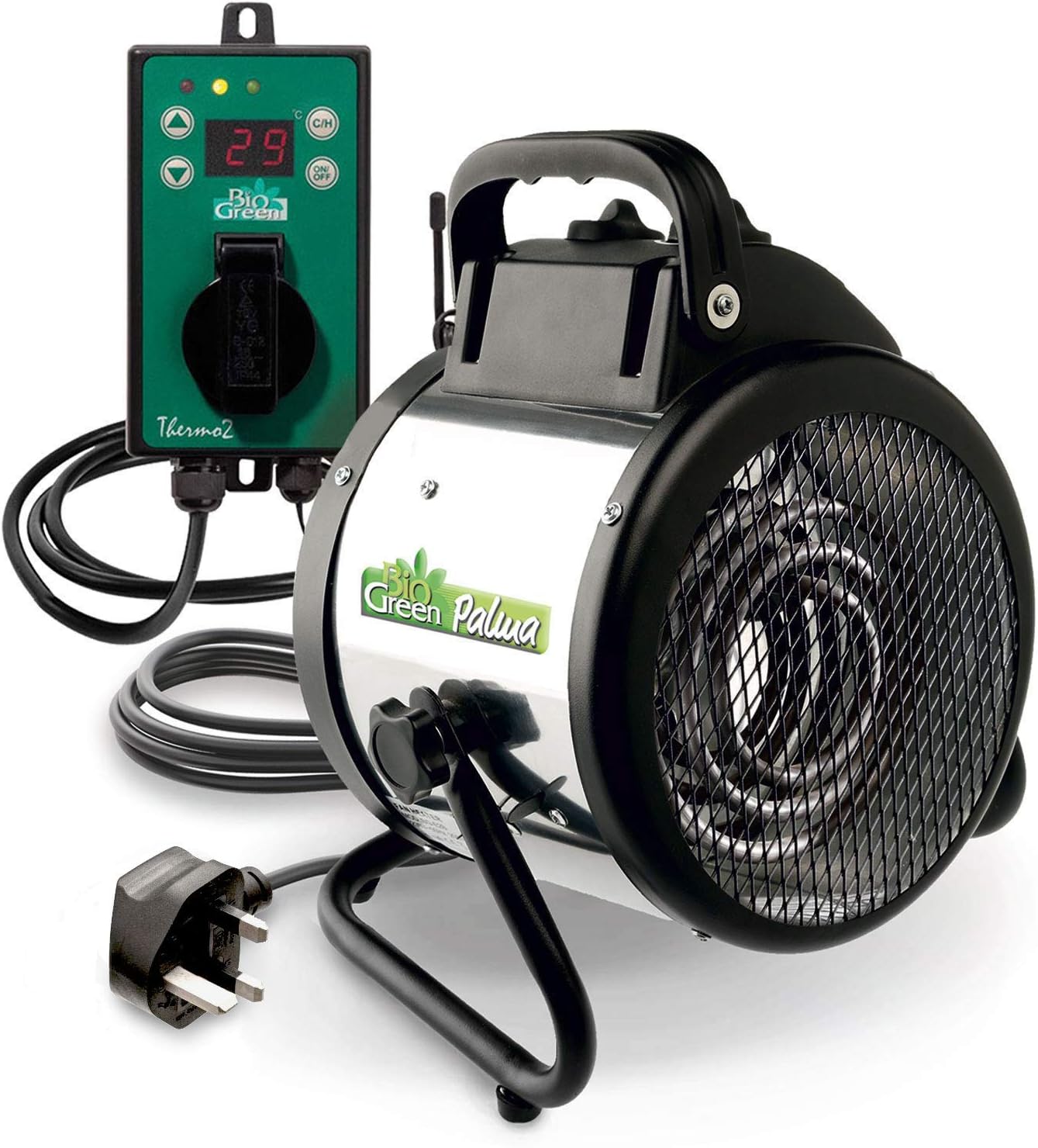 Bio Green Palma 2kW Greenhouse Heater with Thermo2 Digital Thermostat, ideal for controlling temperature in greenhouses, featuring a robust fan for efficient heating.