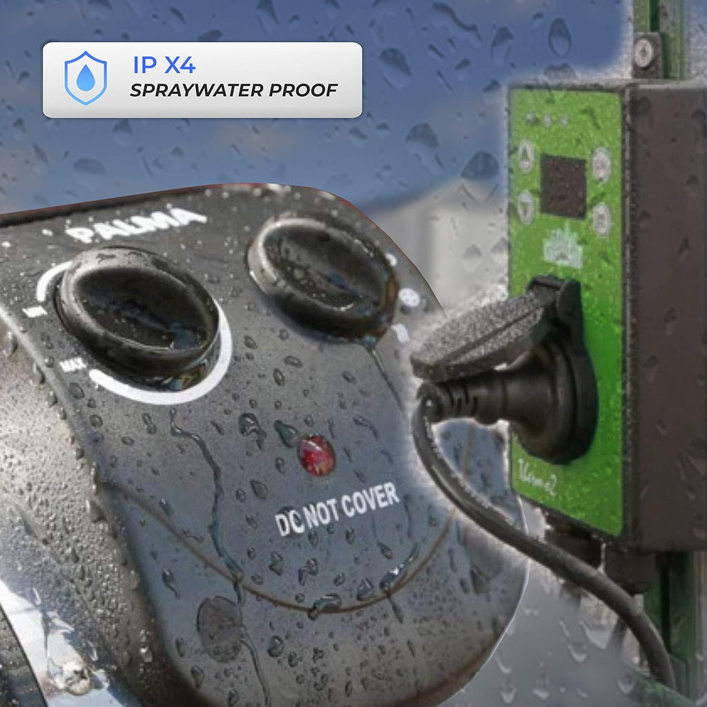 Bio Green Palma 2kW Greenhouse Heater with Thermo2 Digital Thermostat, featuring IPX4 spraywater-proof protection for safe use in damp environments like greenhouses.