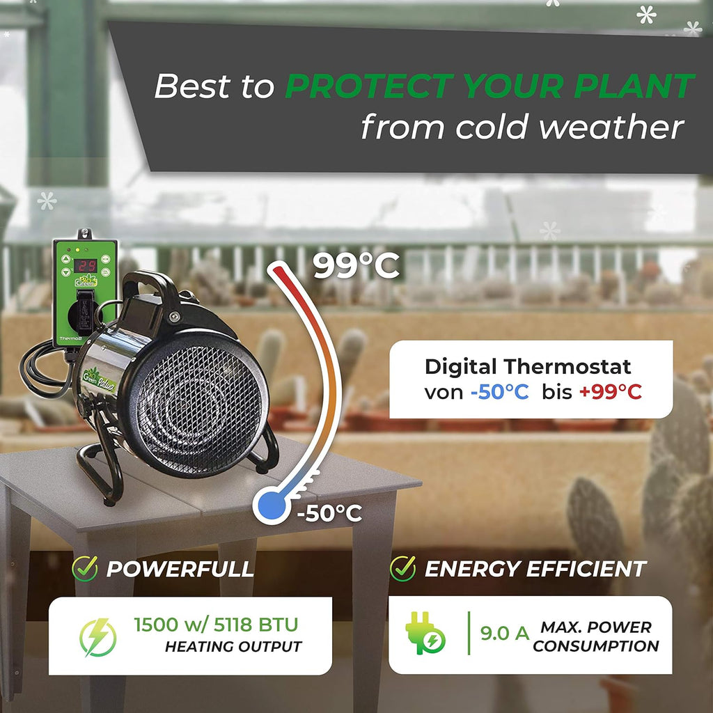 Bio Green Palma 2kW Greenhouse Heater with Thermo2 Digital Thermostat, 1500W heating output (5118 BTU) for efficient plant protection from cold weather, with a temperature range of -50°C to +99°C and energy-efficient operation.