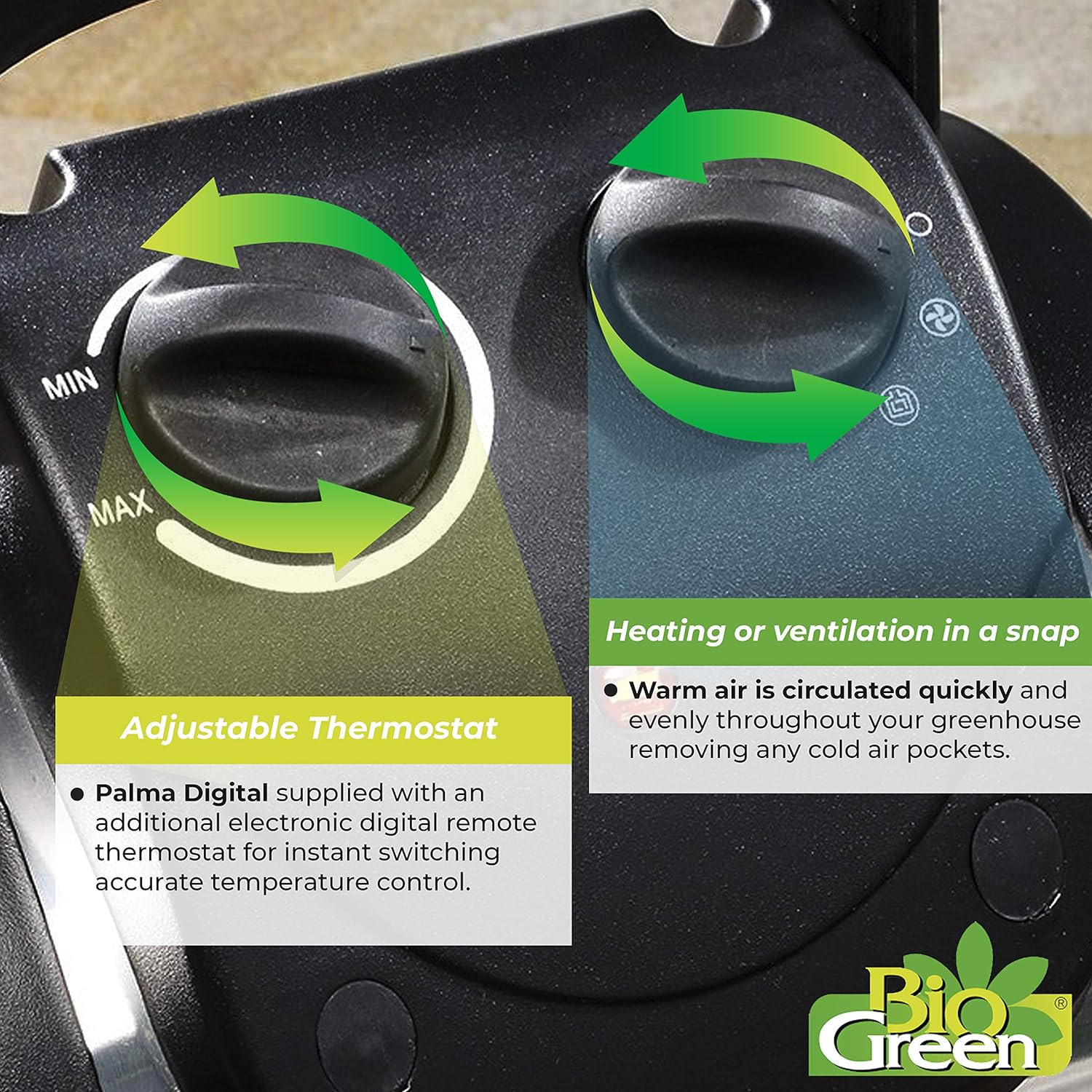 Bio Green Palma Digital Heater with an adjustable thermostat, featuring easy control for heating and ventilation. The thermostat ensures accurate temperature control for your greenhouse.
