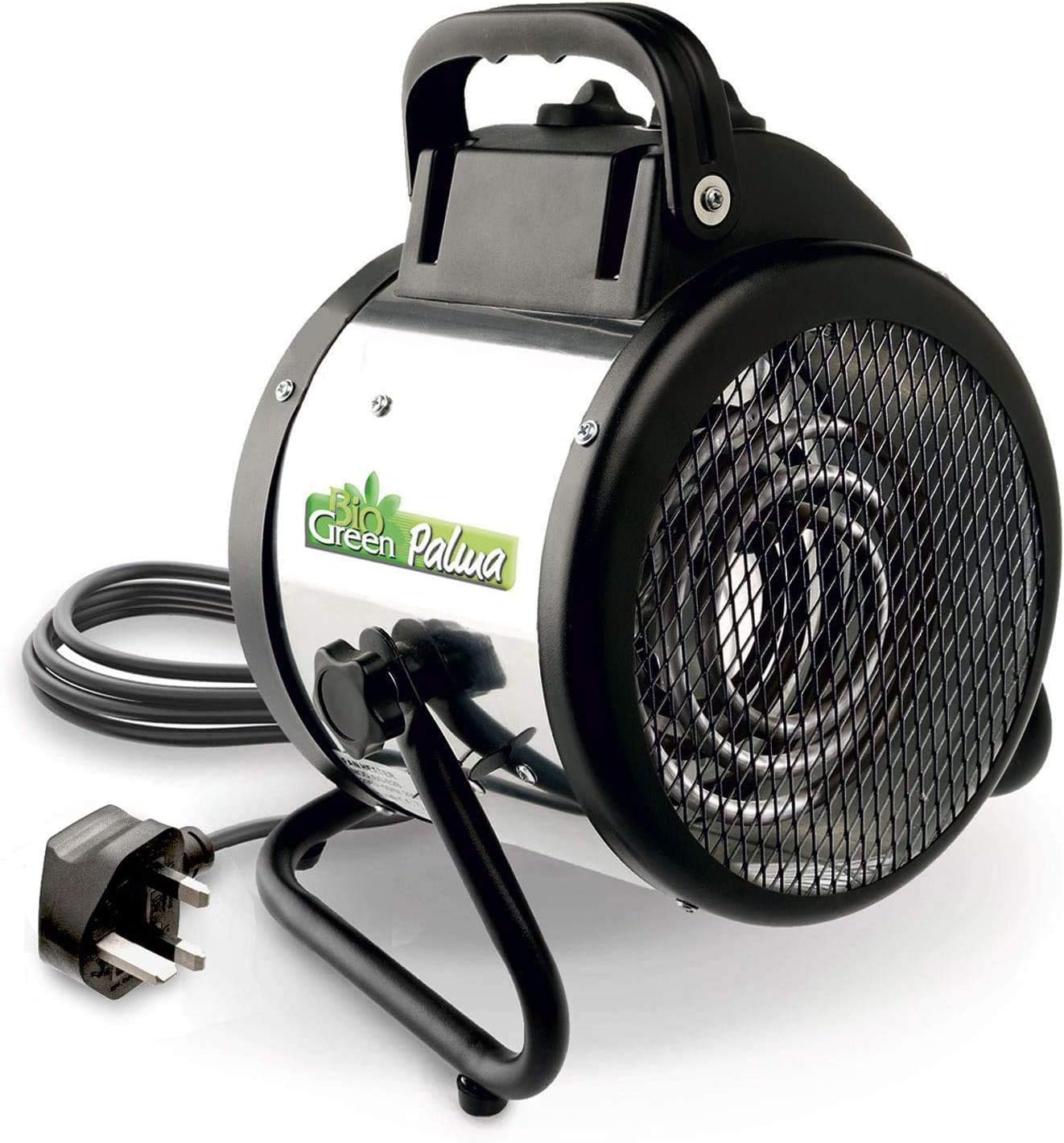 Bio Green Palma 2kW Greenhouse Heater with a sleek stainless steel design and handle, ideal for heating greenhouses and other plant environments.