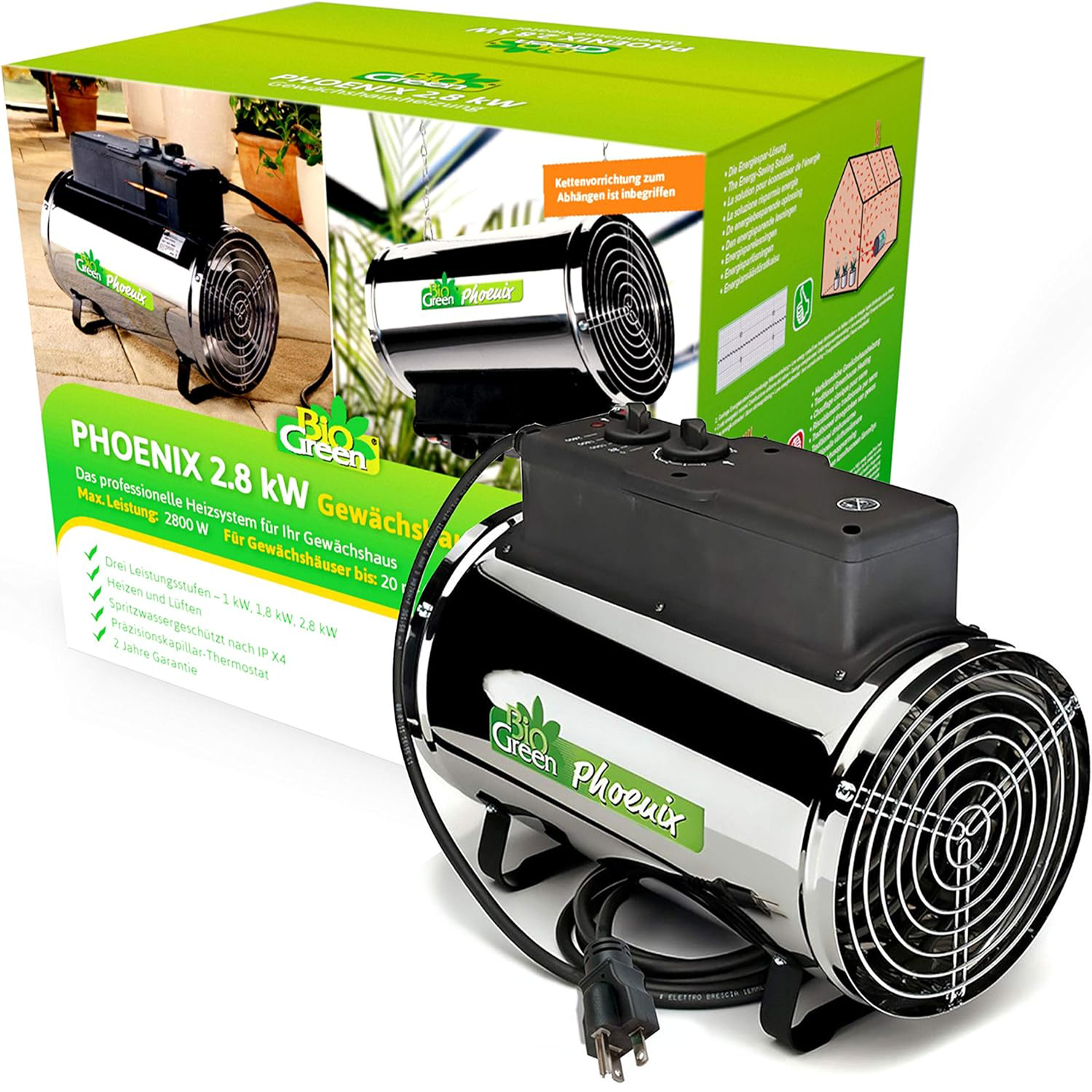 The Biogreen Phoenix 2.8kW Greenhouse Heater with a box packaging showing the sleek and durable stainless steel design, perfect for heating small to medium greenhouses, ensuring optimal temperature for plant growth.