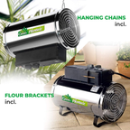 The Biogreen Phoenix 2.8kW Greenhouse Heater with a box packaging showing the sleek and durable stainless steel design, perfect for heating small to medium greenhouses, ensuring optimal temperature for plant growth.