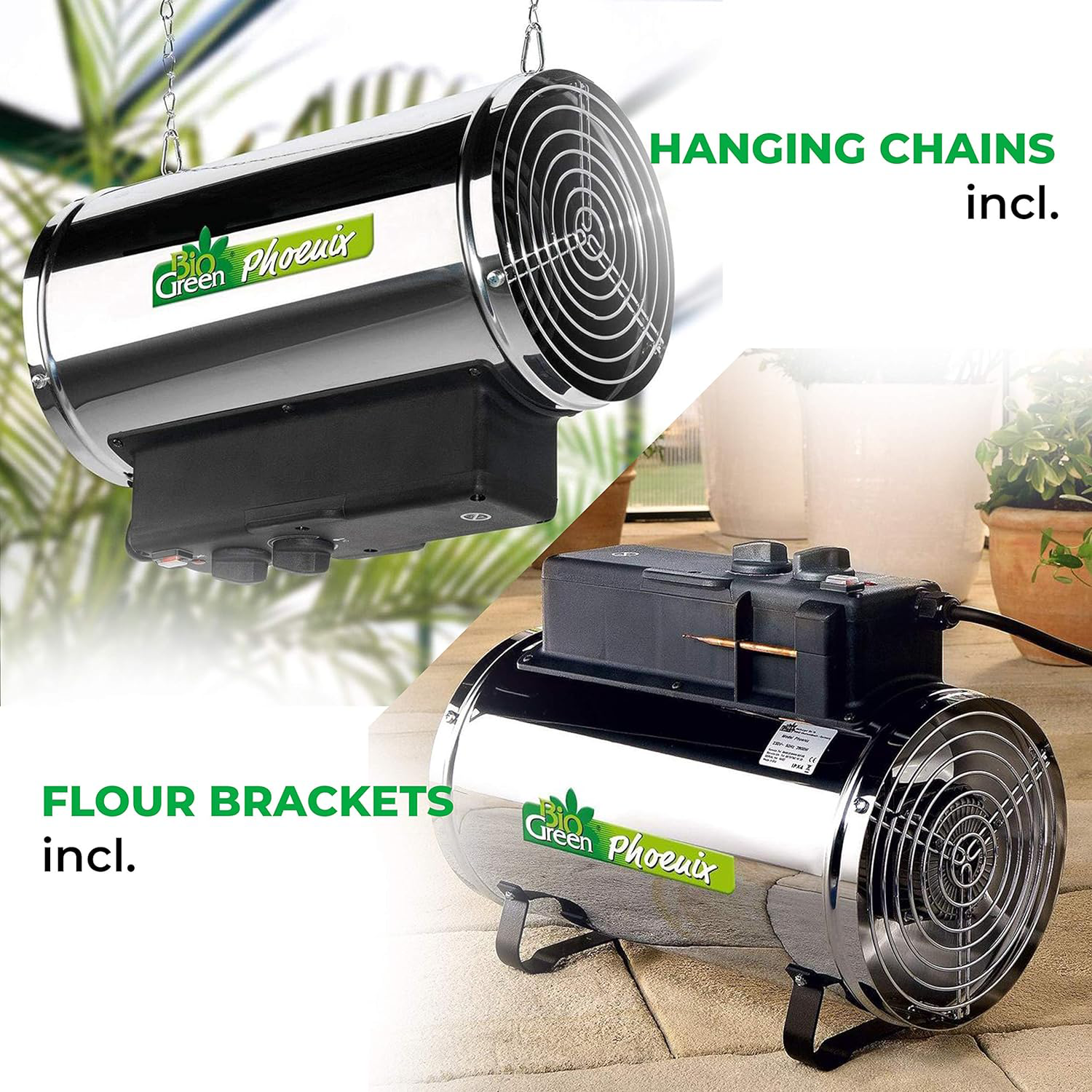 The Biogreen Phoenix 2.8kW Greenhouse Heater with a box packaging showing the sleek and durable stainless steel design, perfect for heating small to medium greenhouses, ensuring optimal temperature for plant growth.