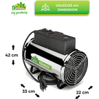 The Biogreen Phoenix 2.8kW Greenhouse Heater showing two different mounting options—hanging with included chains and placed on the floor with included brackets, designed for versatile installation in various greenhouse setups.