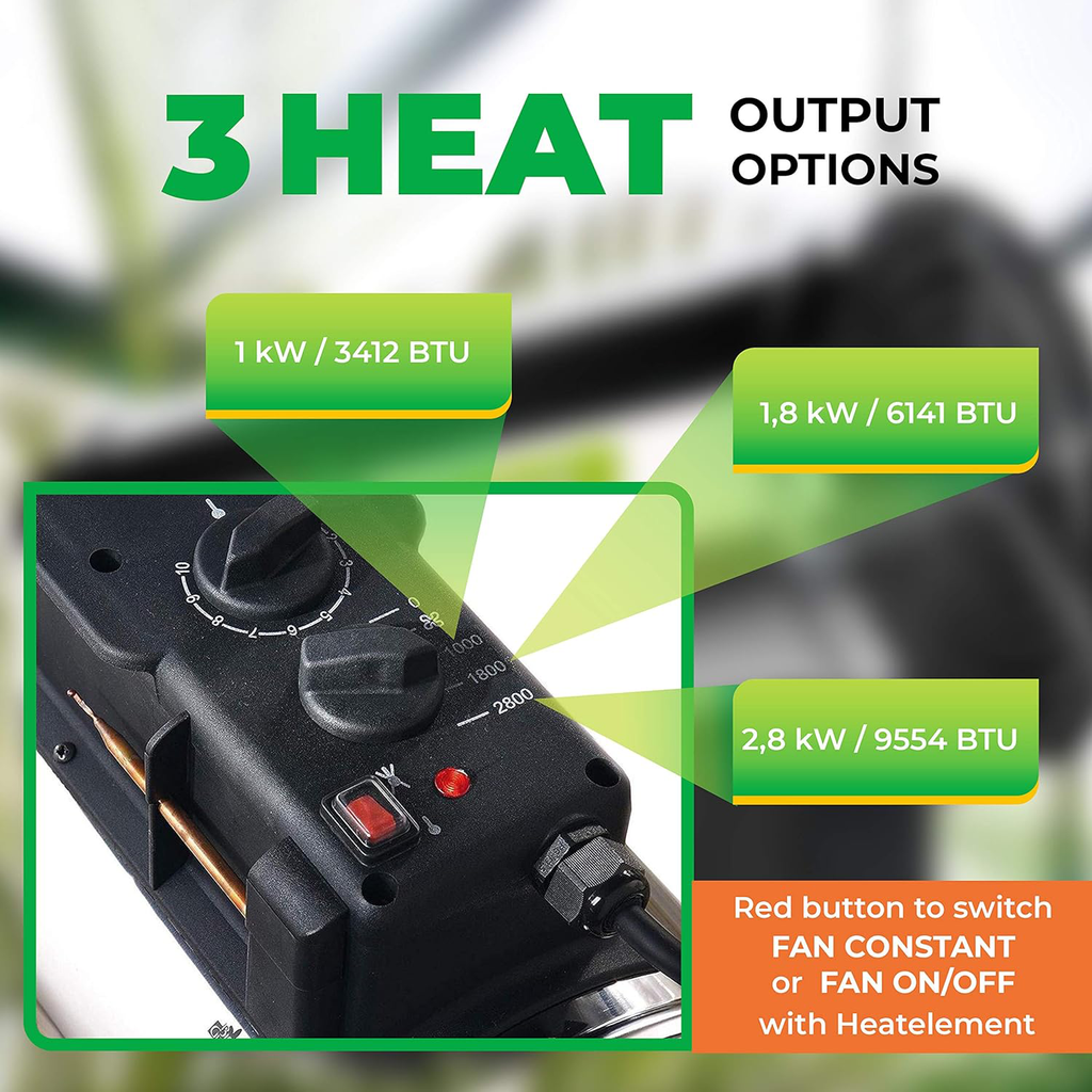 The Biogreen Phoenix 2.8kW Greenhouse Heater showing two different mounting options—hanging with included chains and placed on the floor with included brackets, designed for versatile installation in various greenhouse setups.