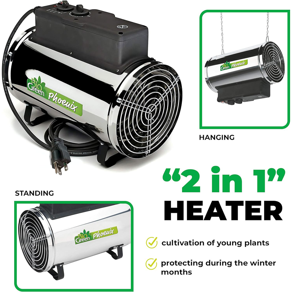The Biogreen Phoenix 2.8kW Greenhouse Heater in two configurations—standing and hanging—ideal for cultivating young plants and protecting them during the winter months.