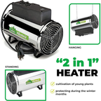 The Biogreen Phoenix 2.8kW Greenhouse Heater in two configurations—standing and hanging—ideal for cultivating young plants and protecting them during the winter months.