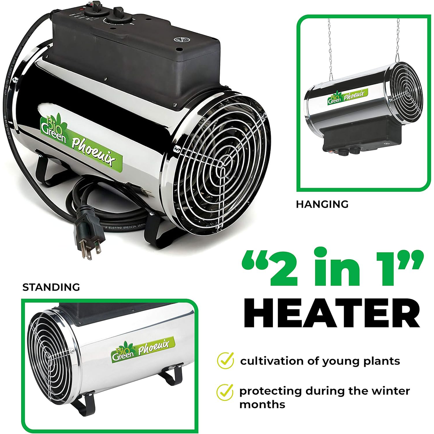 The Biogreen Phoenix 2.8kW Greenhouse Heater in two configurations—standing and hanging—ideal for cultivating young plants and protecting them during the winter months.