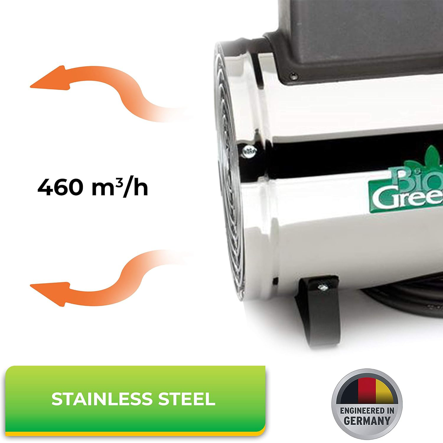 Biogreen Phoenix 2.8kW Greenhouse Heater with a 460 m³/h air circulation, made from stainless steel and engineered in Germany.