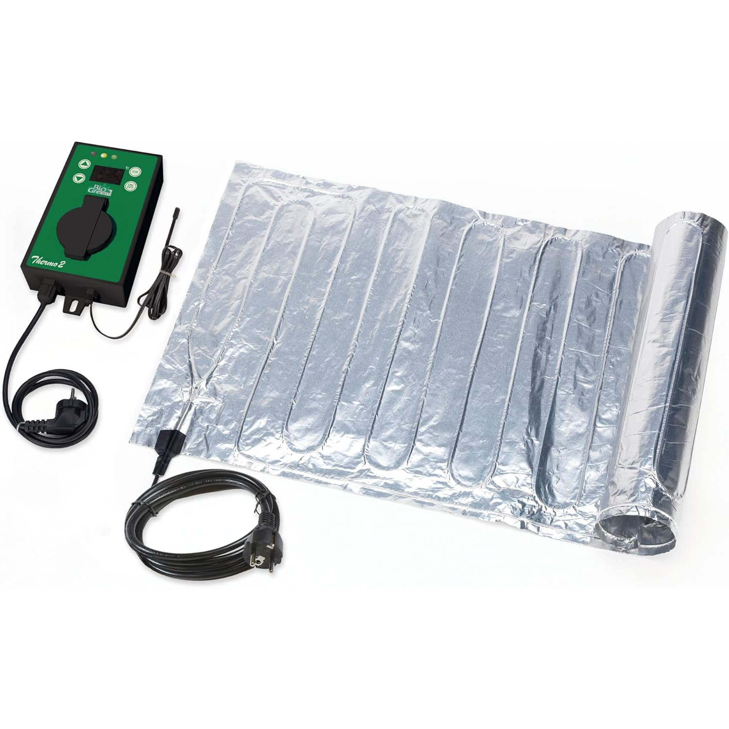 Bio Green Sahara Aluminium Heatmat with Thermo2 Digital Thermostat, 2.8m temperature sensor cable, and heating mat for hydroponic seed germination and indoor plant growth.