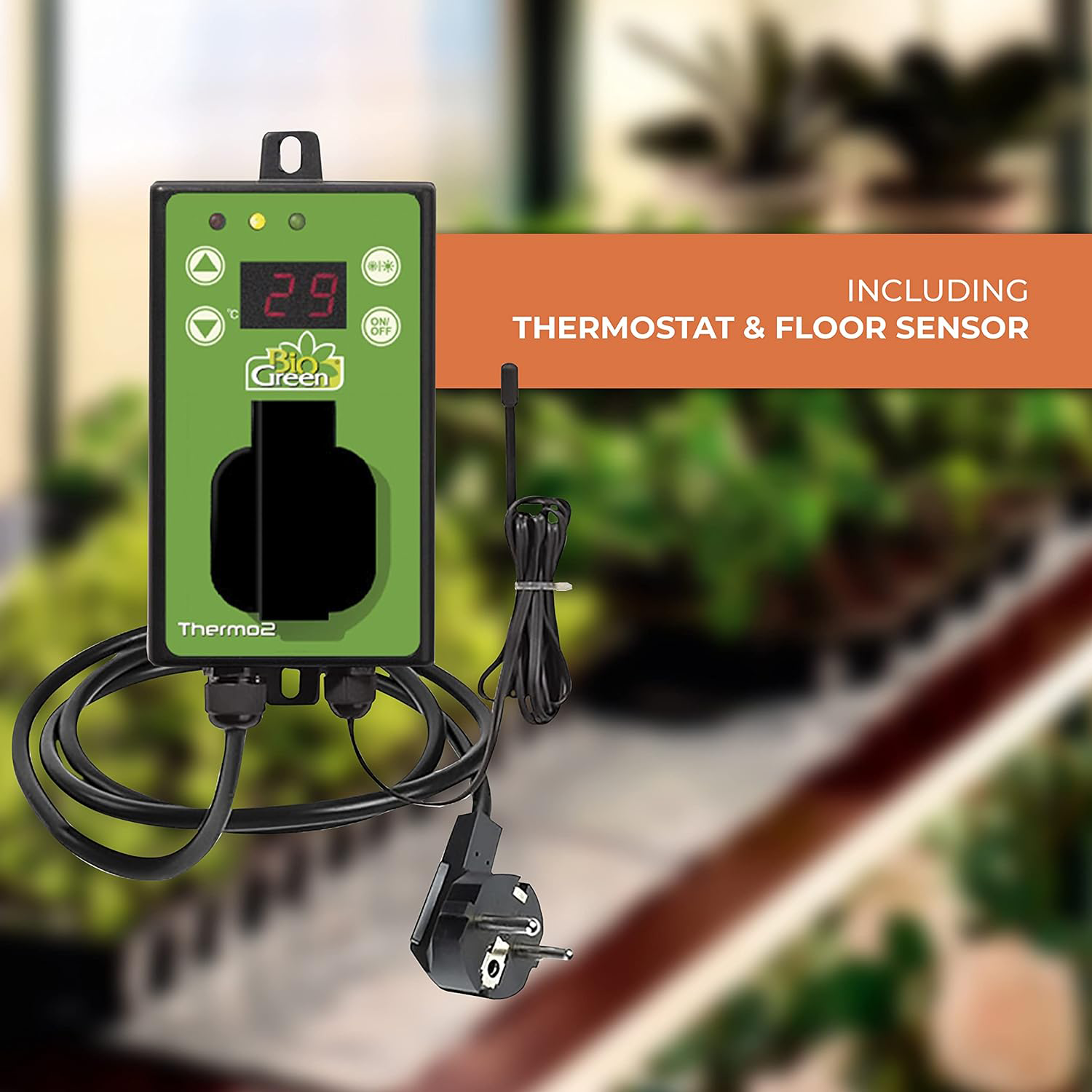 Bio Green Thermo2 Digital Thermostat with floor sensor, showing temperature display and plug, ideal for controlling heating systems in gardening environments.