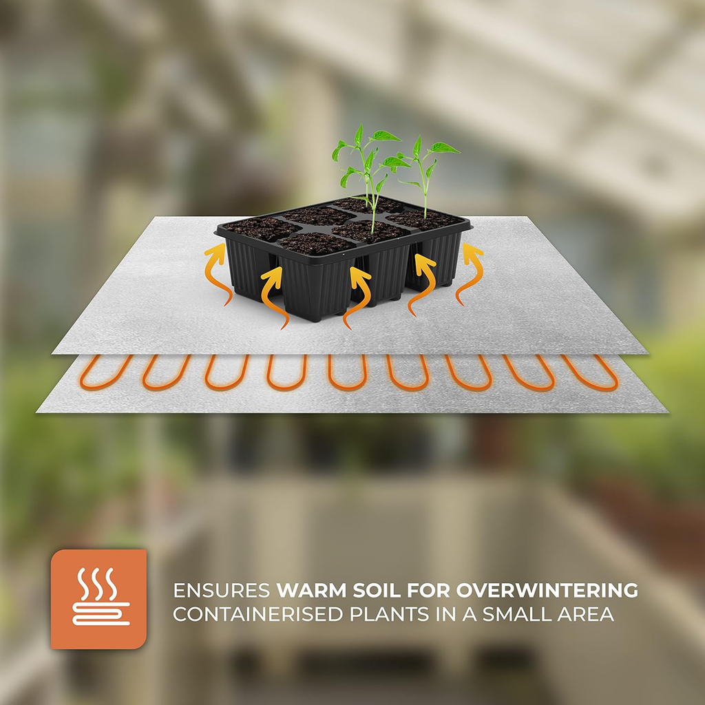 Bio Green Sahara Aluminium Heatmat ensuring warm soil for overwintering containerized plants in small areas, with electric heating wire providing consistent warmth for plant growth.