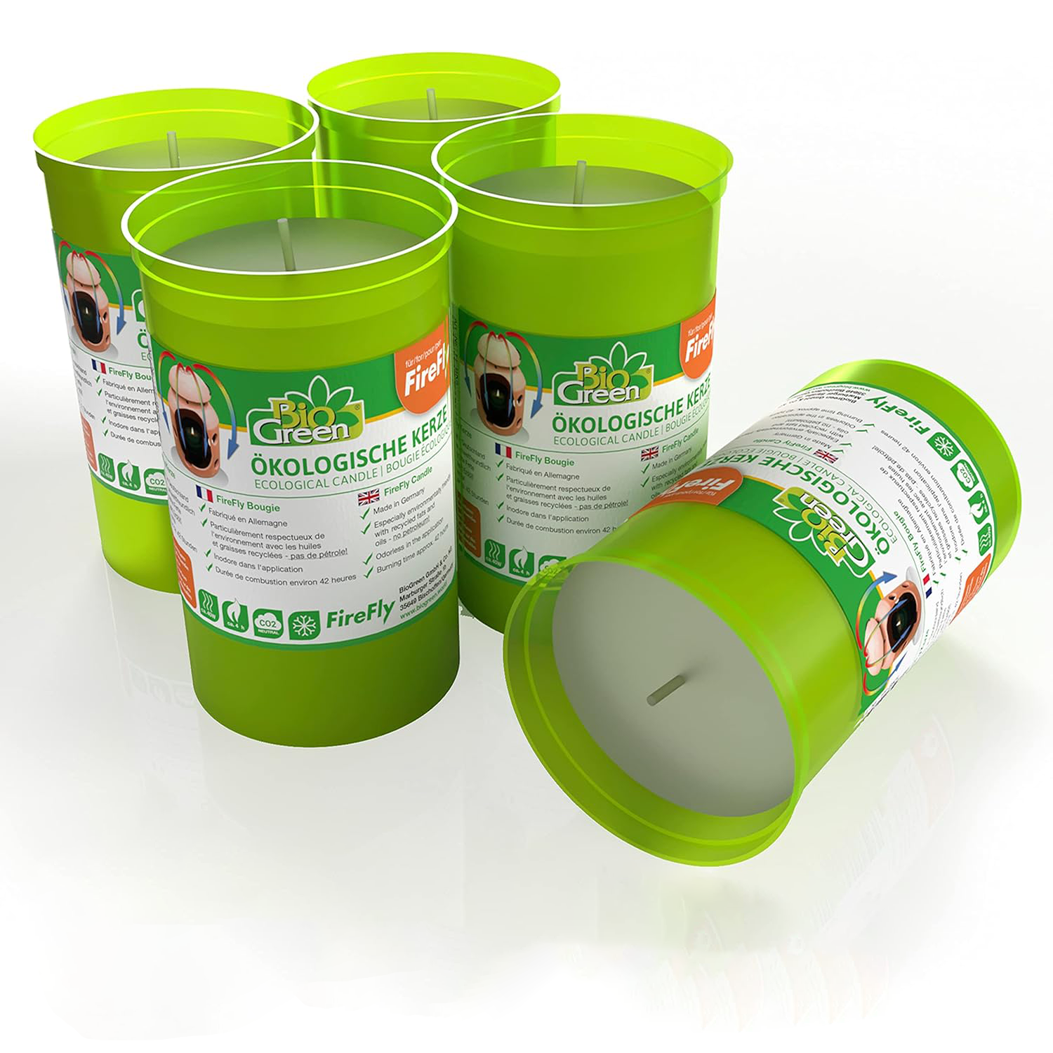 Biogreen Firefly Frost Guard Candles – The image shows a set of Biogreen Firefly Frost Guard Candles in green containers, designed for use with the Firefly Terracotta Greenhouse Heater. The candles are eco-friendly and made from renewable biomass, providing consistent heat to protect plants from frost. The labels feature the product name, Firefly logo, and environmental details.