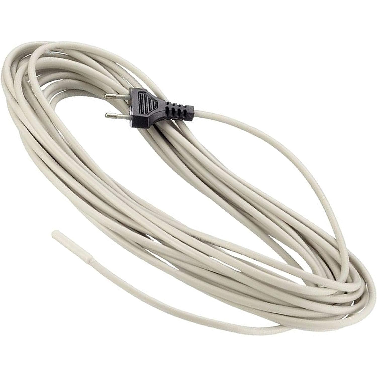 The image shows a flexible heating cable with an electrical plug at one end and a thin, insulated wire leading to the other end.