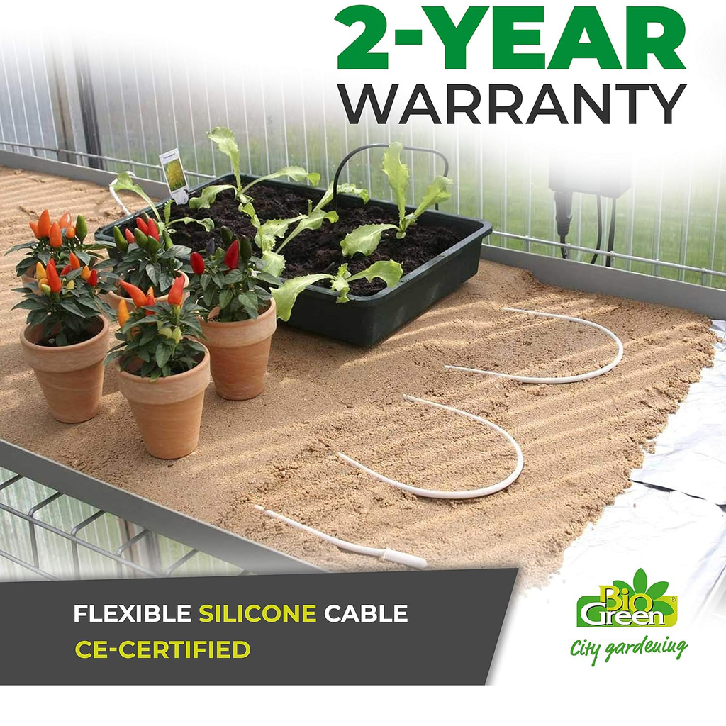 The image shows a flexible silicone heating cable laid out in a greenhouse bed with potted plants growing on it. The cable is intended to warm the soil for plant growth. It also highlights a 2-year warranty and mentions that the cable is CE-certified.