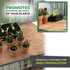 The image shows a soil heating cable placed in a greenhouse with potted plants and a thermostat mounted on the wall. The "THERMO 2" thermostat is highlighted in the image as an ideal accessory for use with the heating cable (note that the thermostat is not included in the package). The cable is arranged on the soil to provide optimal warmth for plant roots, promoting growth.