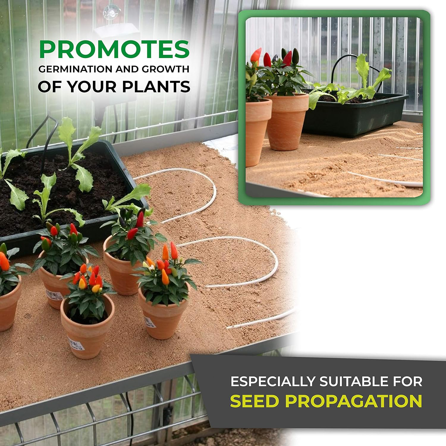 The image shows a soil heating cable placed in a greenhouse with potted plants and a thermostat mounted on the wall. The "THERMO 2" thermostat is highlighted in the image as an ideal accessory for use with the heating cable (note that the thermostat is not included in the package). The cable is arranged on the soil to provide optimal warmth for plant roots, promoting growth.